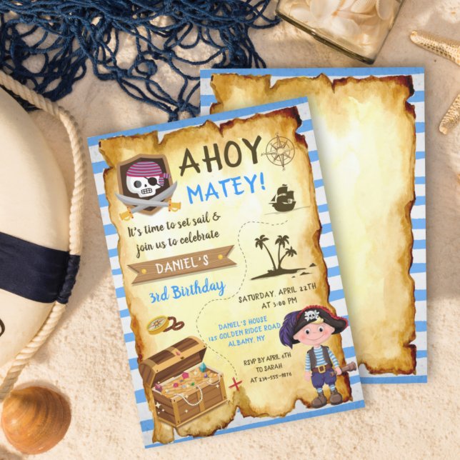 Blue Ahoy Treasure Map Boys Pirate Birthday Invitation