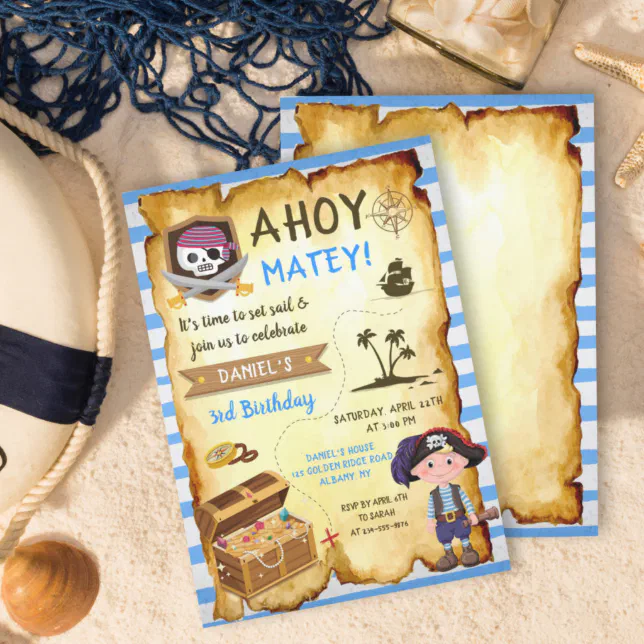 Blue Ahoy Treasure Map Boys Pirate Birthday Invitation | Zazzle