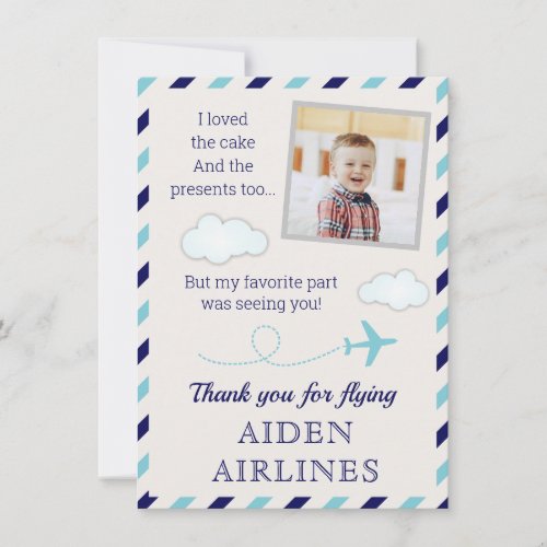 Blue Airline Airplane Baby Boy 1st Birthday Party Thank You Card