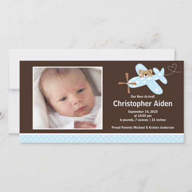 Blue Airplane Baby Boy Birth Annoucement Announcement (Front)