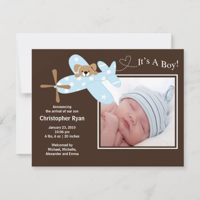 Blue Airplane Baby Boy Birth Annoucement Announcement (Front)