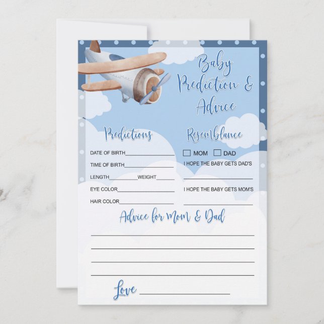 Blue Airplane Baby Prediction and Advice Card Boy (Front)