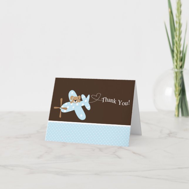 Blue Airplane Baby Shower Thank You Note Card (Front)