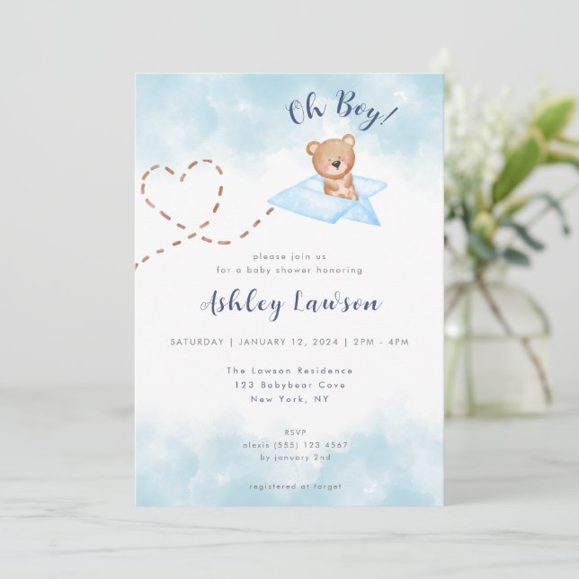 Blue Airplane Bear Baby Shower Invitation-Boy Invitation (Standing Front)