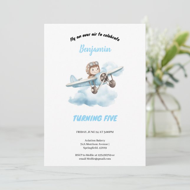 blue airplane birthday  invitation (Standing Front)