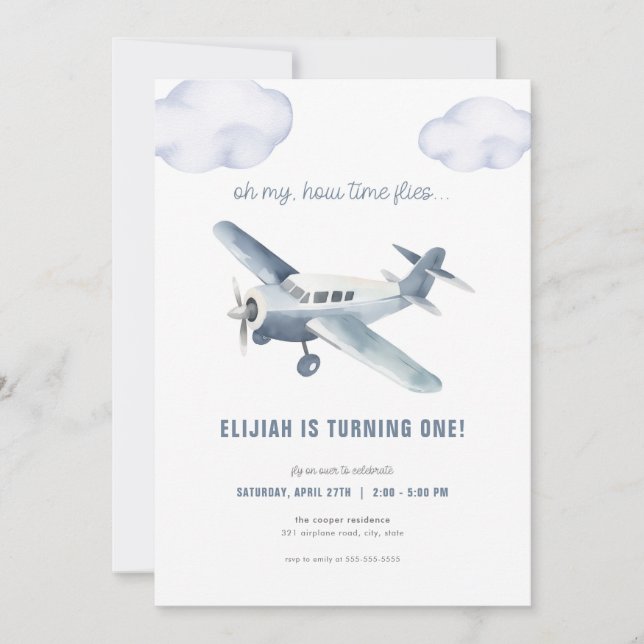 Blue Airplane Birthday Invitation Plane Invite (Front)