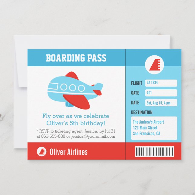 Blue Airplane Boarding Pass Birthday Party Invitation (Front)