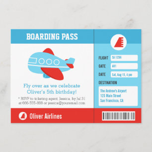 Blue Airplane Boarding Pass Birthday Party Invitation