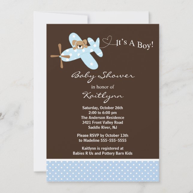 Blue Airplane Boy Baby Shower Invitation (Front)