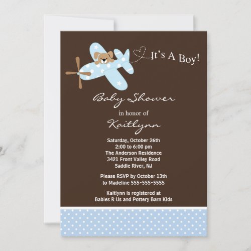 Blue Airplane Boy Baby Shower Invitation
