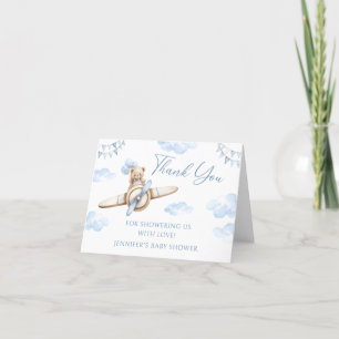 Blue Airplane Cute Teddy Bear Bow Baby Shower Letterpress Thank You Card