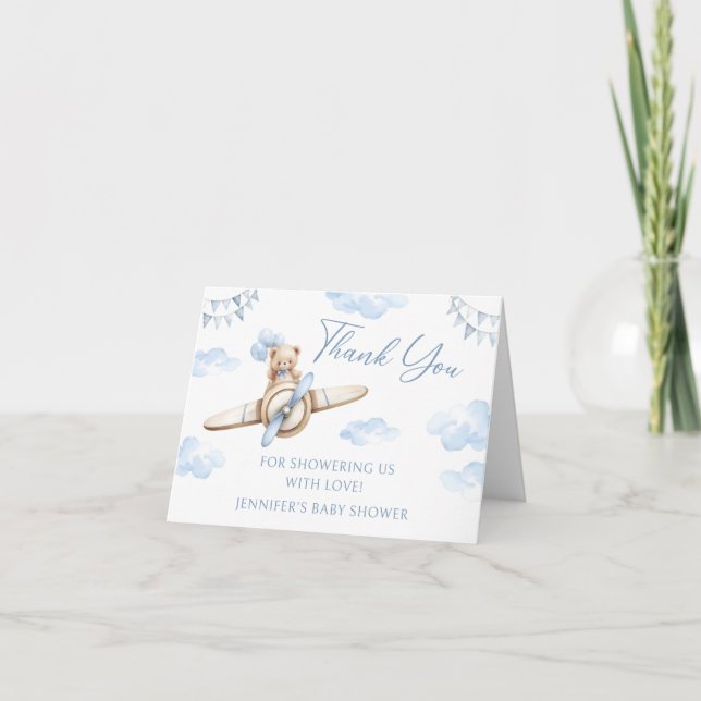 Blue Airplane Cute Teddy Bear Bow Baby Shower Thank You Card (Front)
