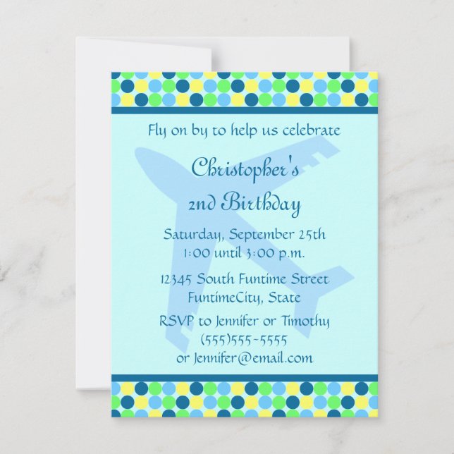 Blue Airplane dots boys Birthday Party Invitation (Front)