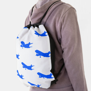 Blue Airplane Drawstring Travel Backpack