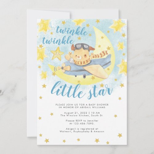 Blue Airplane Gold Twinkle Little Star Baby Shower Invitation