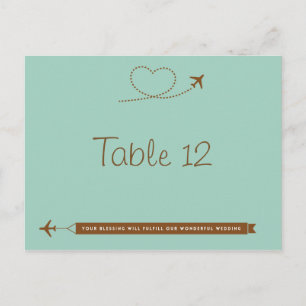 Blue Airplane Heart Wedding Table Number Card