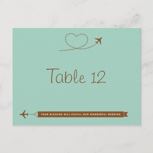 Blue Airplane Heart Wedding Table Number Card (Front)