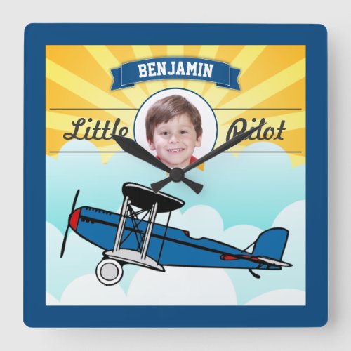 Blue Airplane Little Pilot Name Photo Kids Room Square Wall Clock