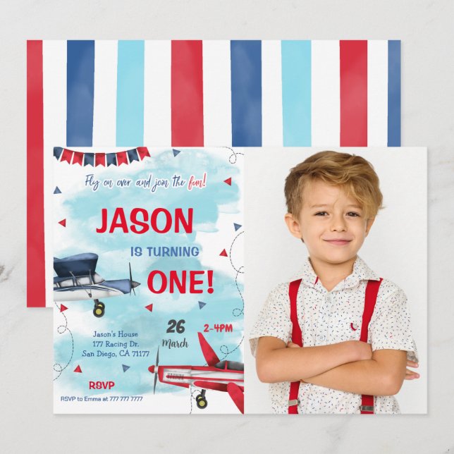 Blue Airplane Photo Invitation (Front/Back)
