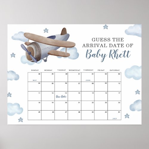 Blue Airplane Shower Guess Baby Due Date Calendar Poster