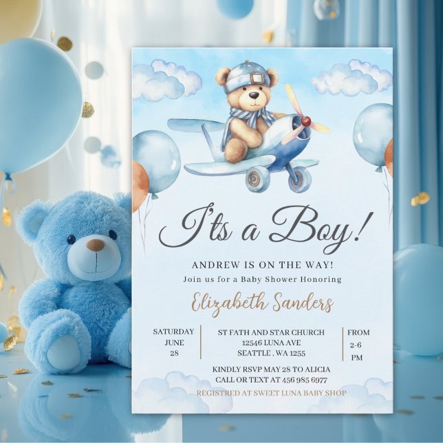 Blue Airplane Teddy Bear Baby Shower Invitation (Creator Uploaded)