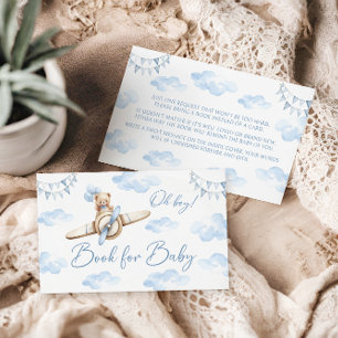 Blue Airplane Teddy Bear Bow Book for Baby Shower Enclosure Card