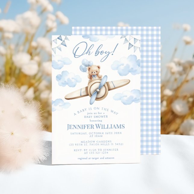Blue Airplane Teddy Bear Oh Boy Baby Shower Invitation (Creator Uploaded)