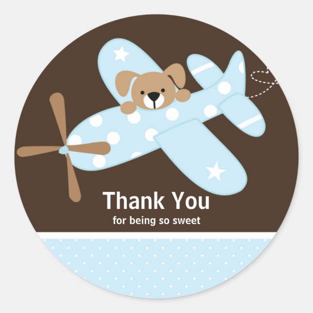 Blue Airplane Thank You Baby Shower Sticker (Front)