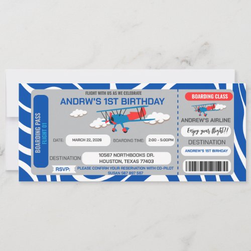 Blue Airplane Ticket Birthday Party Invitation