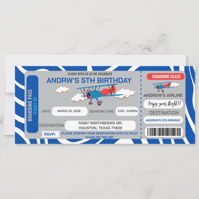Blue Airplane Ticket Birthday Party Invitation (Front)