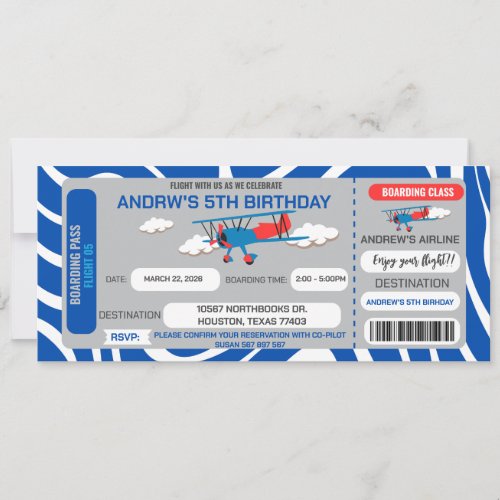 Blue Airplane Ticket Birthday Party Invitation