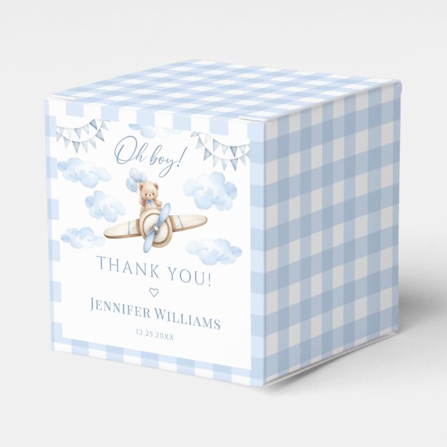 Blue Airplane with Teddy Bear Baby Boy Shower Favor Boxes (Front Side)