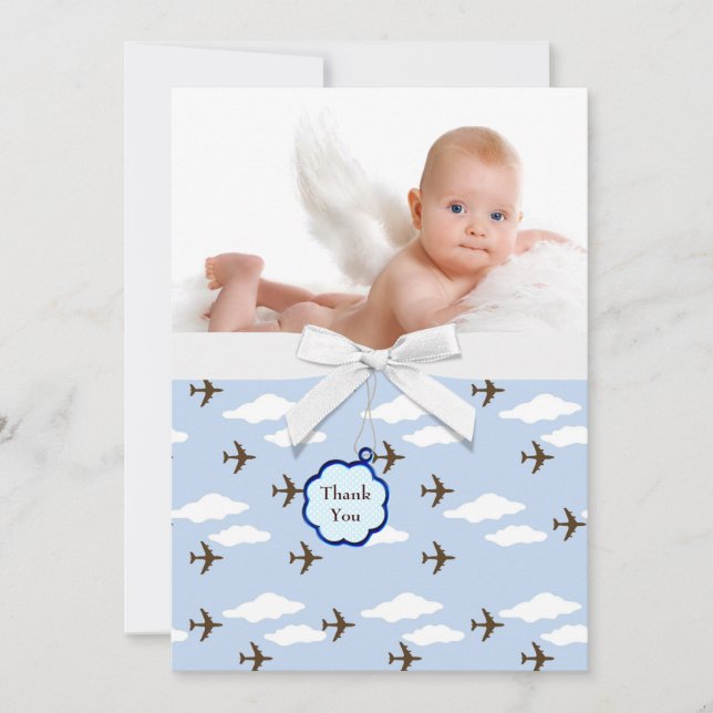 Blue Airplanes Baby Boy Photo Thank You Cards (Front)
