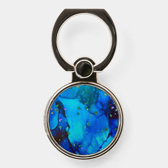Blue Alcohol Ink Abstract Phone Ring Stand (Front)