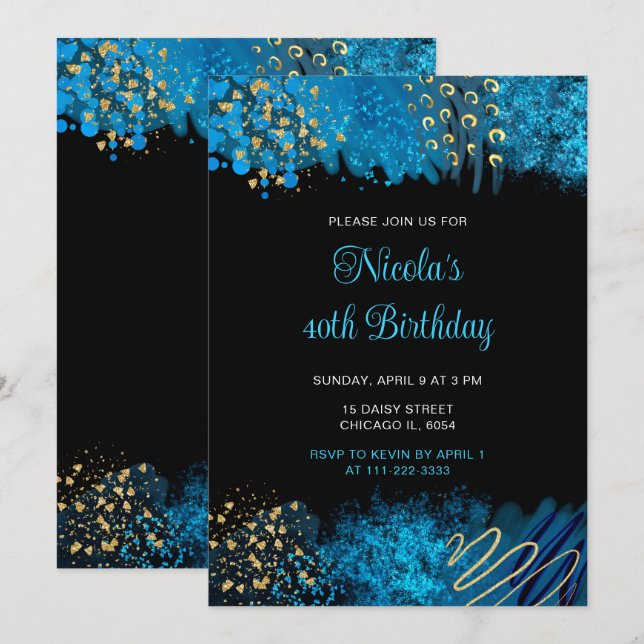 Blue Alcohol Ink Birthday Party Invitation (Front/Back)