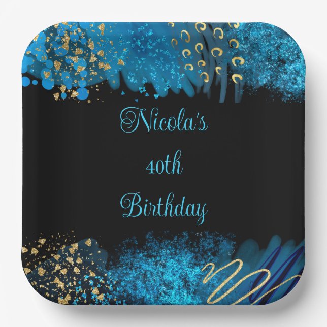 Blue Alcohol Ink Birthday Party Paper Plates (Front)