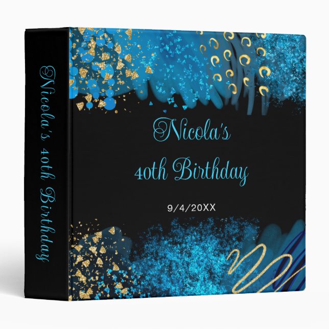 Blue Alcohol Ink Birthday Party Photo Album 3 Ring Binder (Front/Spine)