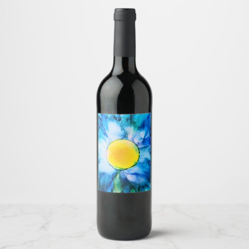 Blue Alcohol Ink Flower Wine Label