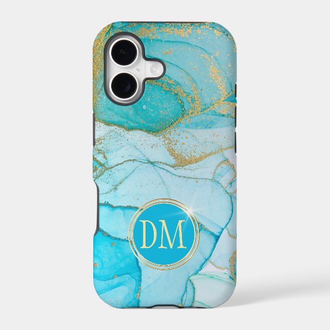 Blue Alcohol Ink Gold Monogram Abstract Case-Mate iPhone Case (Back)