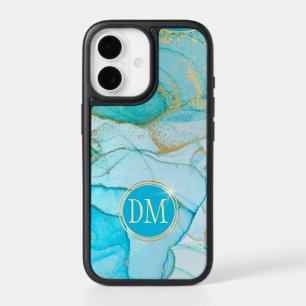 Blue Alcohol Ink Gold Monogram Abstract iPhone 17 Case