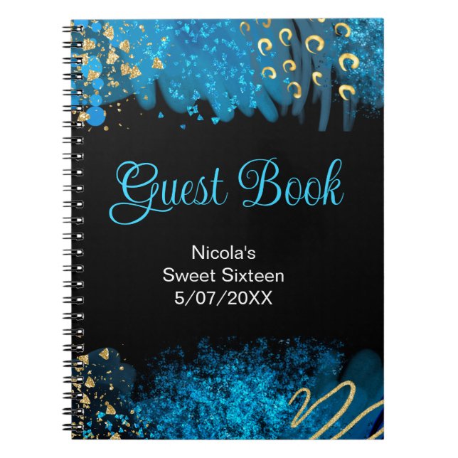 Blue Alcohol Ink Sweet 16 Birthday Guest Book (Front)