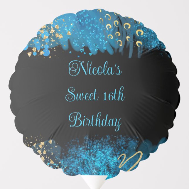 Blue Alcohol Ink Sweet 16 Birthday Party Balloon (Front)