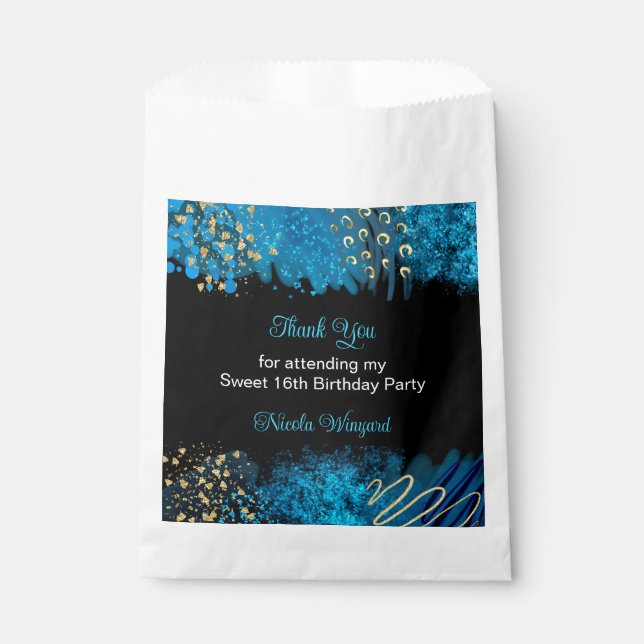 Blue Alcohol Ink Sweet 16 Birthday Party Favor Bag (Front)