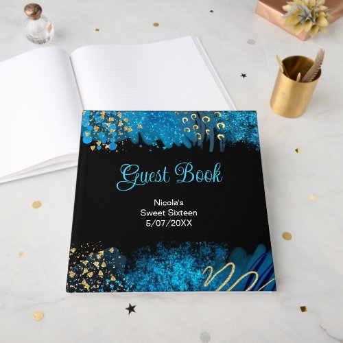Blue Alcohol Ink Sweet 16 Birthday Party Guest Book