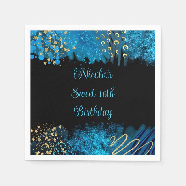Blue Alcohol Ink Sweet 16 Birthday Party Napkins (Front)