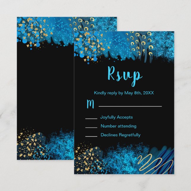 Blue Alcohol Ink Sweet 16 Birthday Party RSVP (Front/Back)