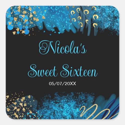 Blue Alcohol Ink Sweet 16 Birthday Party Square Sticker