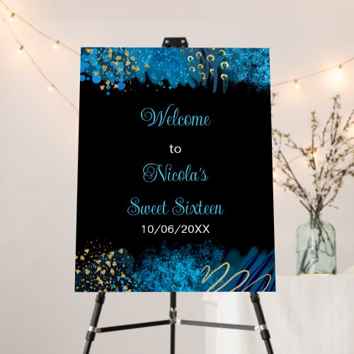 Blue Alcohol Ink Sweet 16 Birthday Party Welcome Foam Board