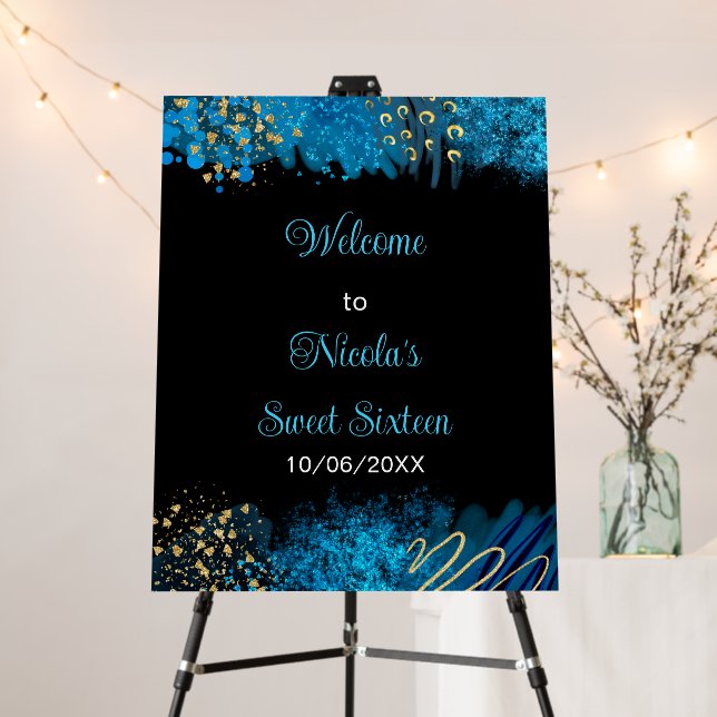 Blue Alcohol Ink Sweet 16 Birthday Party Welcome Foam Board (In Situ (Stand))