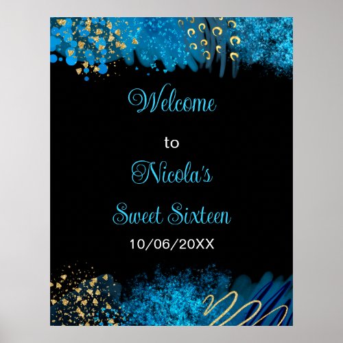 Blue Alcohol Ink Sweet 16 Birthday Party Welcome Poster